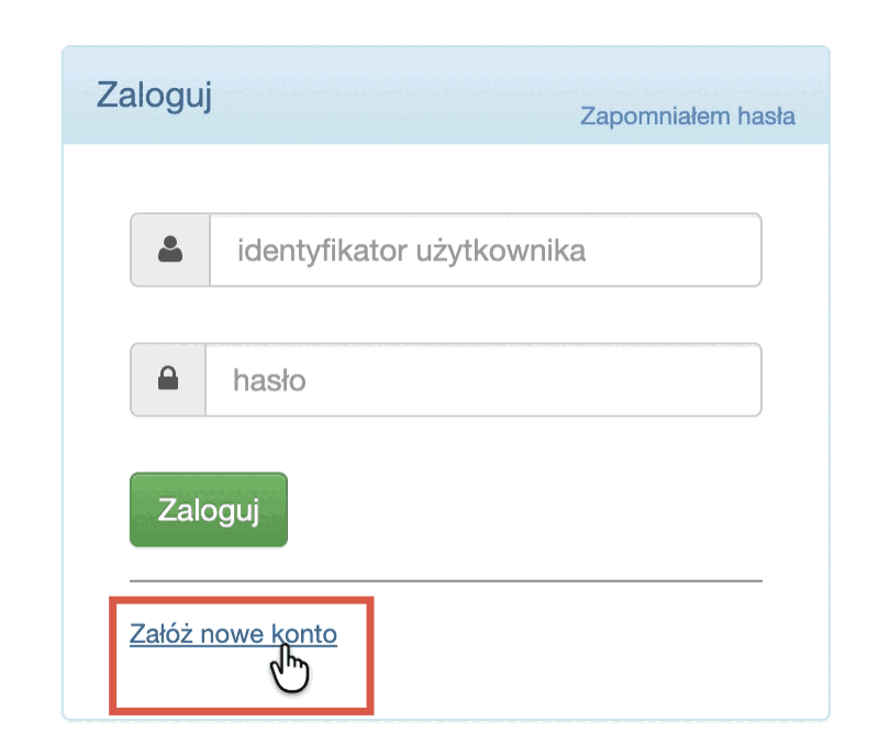 Форма входу з посиланням Załóż nowe konto