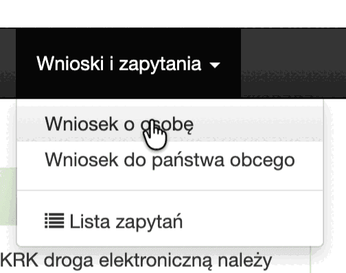 Випадаюче меню з пунктом Wniosek o osobę