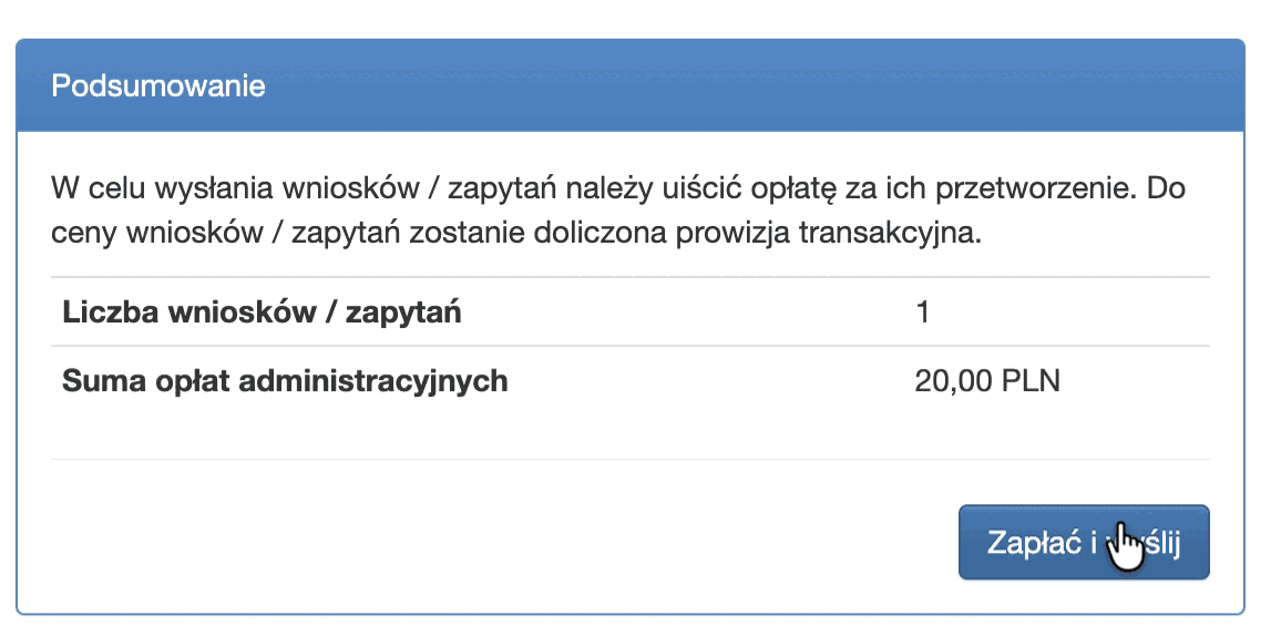 Віконце Podsumowanie з сумою 20 PLN і кнопкою Zapłać i wyślij