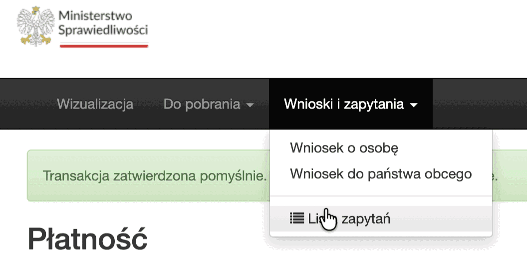 Меню з пунктом Lista zapytań