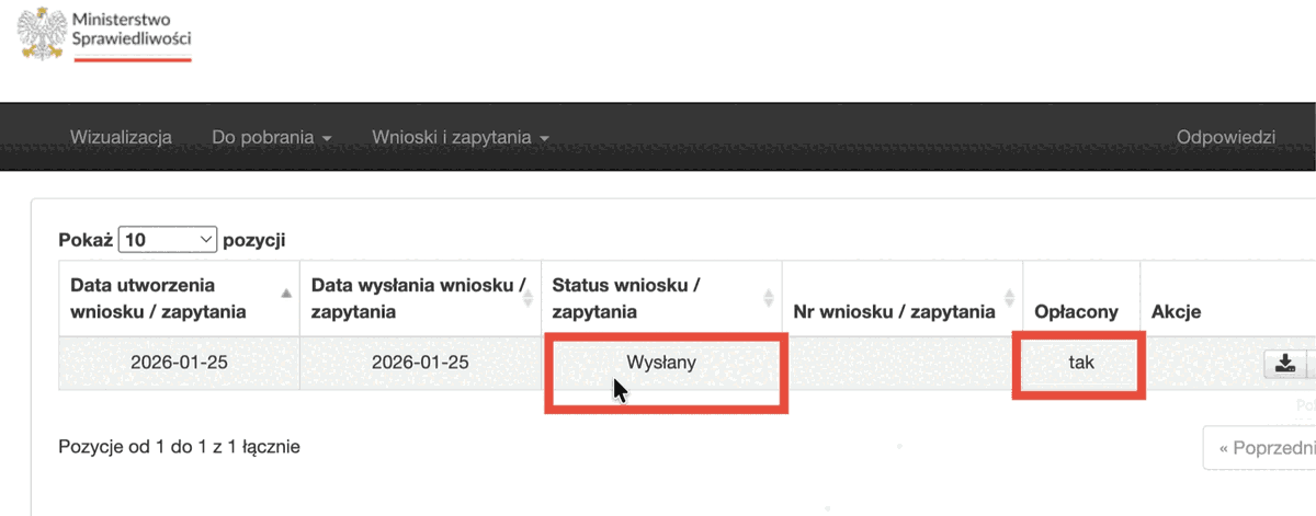 Таблиця Lista zapytań зі статусом Wysłany і оплатою tak